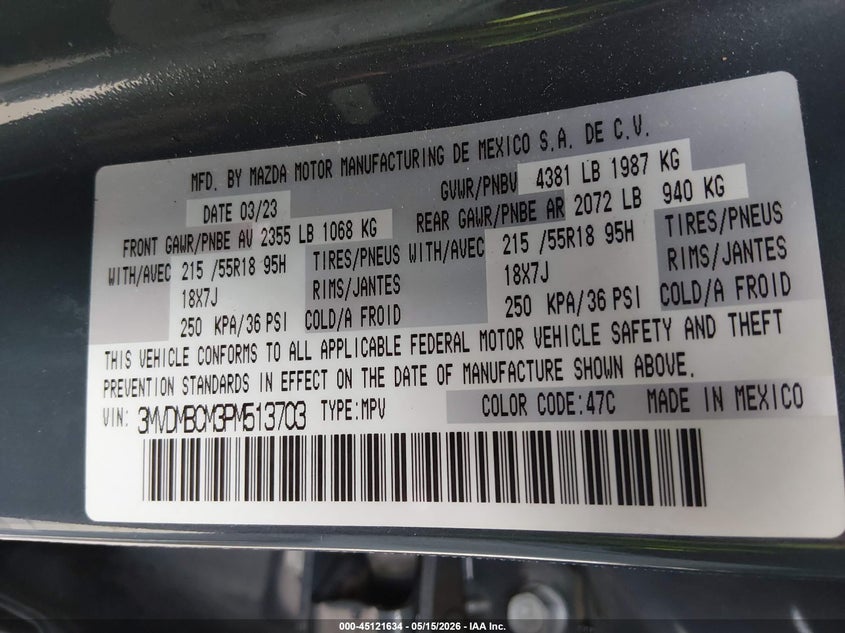 2023 Mazda Cx-30 VIN 3MVDMBCM3PM513703 IAAI salvage auction — HAIL, Original (Texas), sold $10,000 on 2026-07-24 (photo 9)