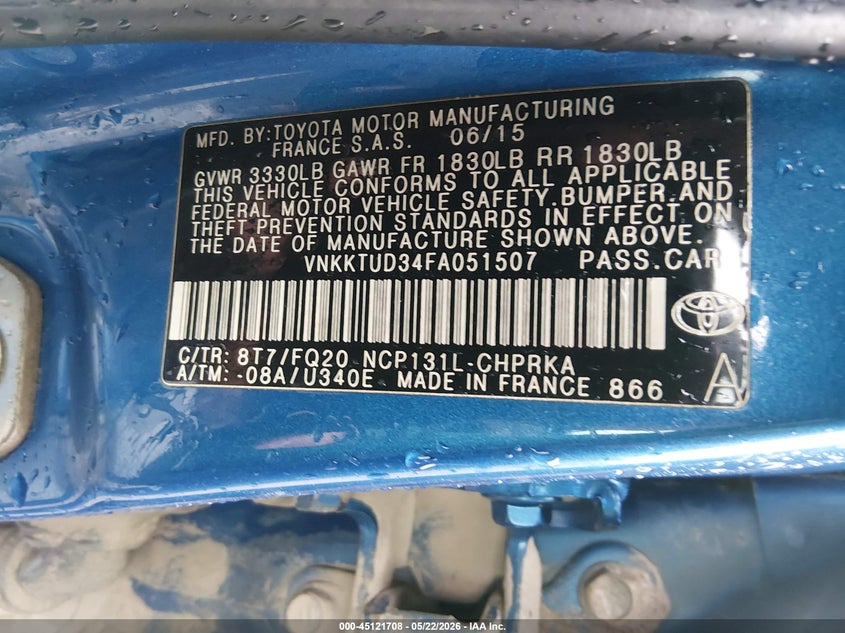 2015 Toyota Yaris VIN VNKKTUD34FA051507 IAAI salvage auction — RIGHT SIDE, Salvage (West Virginia), sold $2,950 on 2026-07-09 (photo 9)