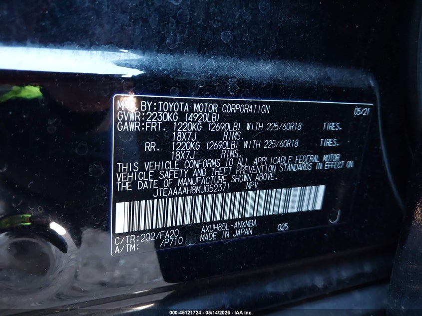2021 Toyota Venza VIN JTEAAAAH8MJ052371 IAAI salvage auction — REAR END, Salvage Title, sold $10,100 on 2026-07-22 (photo 9)