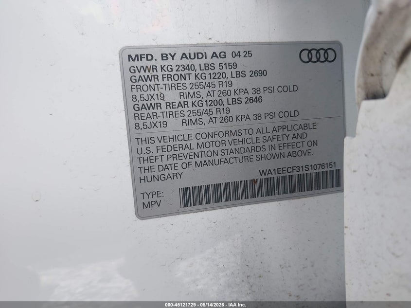 2025 Audi Q3 VIN WA1EECF31S1076151 IAAI salvage auction — RIGHT FRONT, Bill Of Sale (Washington), sold $14,100 on 2026-07-08 (photo 9)