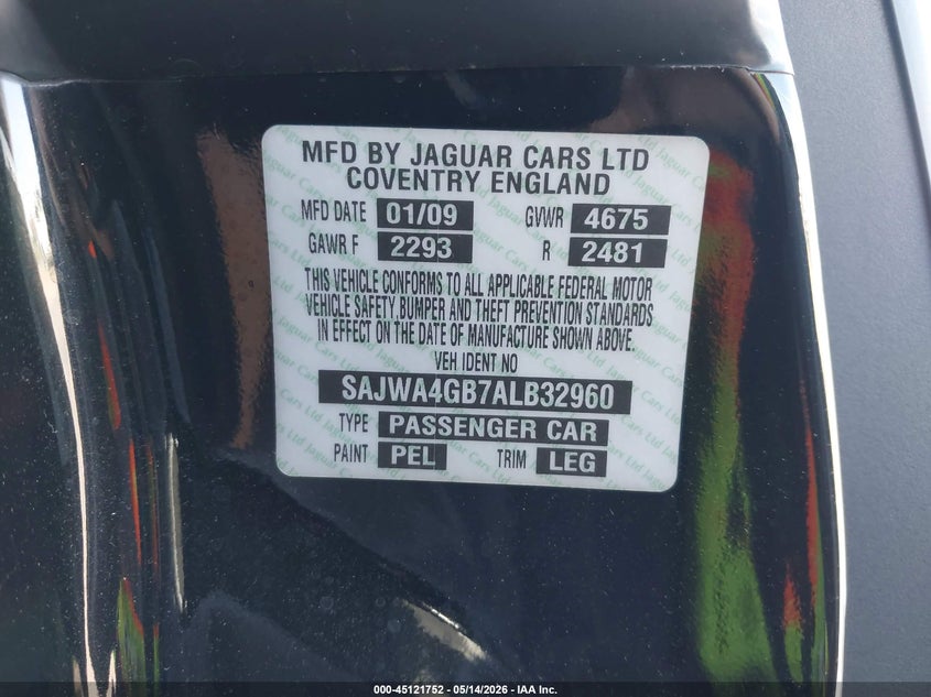 2010 Jaguar Xk series VIN SAJWA4GB7ALB32960 IAAI salvage auction — FRONT END, Salvage (Minnesota), sold $25 on 2026-08-02 (photo 9)