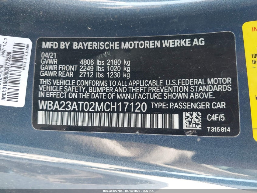2021 BMW VIN WBA23AT02MCH17120 IAAI salvage auction — REAR END, Original (Texas), sold $6,850 on 2026-07-23 (photo 9)