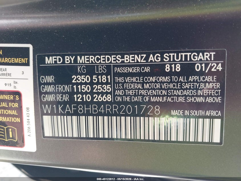 2024 Mercedes-benz VIN W1KAF8HB4RR201728 IAAI salvage auction — LEFT REAR, Salvage (Pennsylvania), sold $32,050 on 2026-07-08 (photo 9)