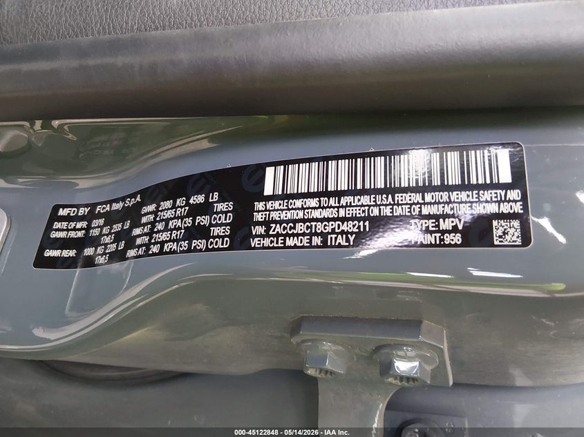 2016 Jeep Renegade VIN ZACCJBCT8GPD48211 IAAI salvage auction — FRONT END, Salvage (Missouri), sold $1,175 on 2026-07-30 (photo 9)