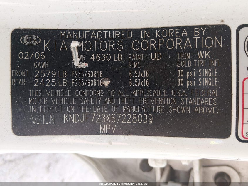 2006 Kia Sportage VIN KNDJF723X67228039 IAAI salvage auction — REAR END, Salvage (West Virginia), sold $925 on 2026-07-23 (photo 9)