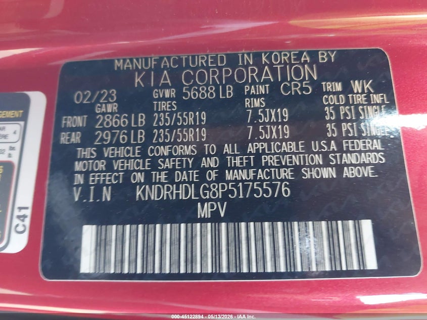 2023 Kia VIN KNDRHDLG8P5175576 IAAI salvage auction — FRONT END, Salvage (California), sold $6,550 on 2026-07-29 (photo 9)