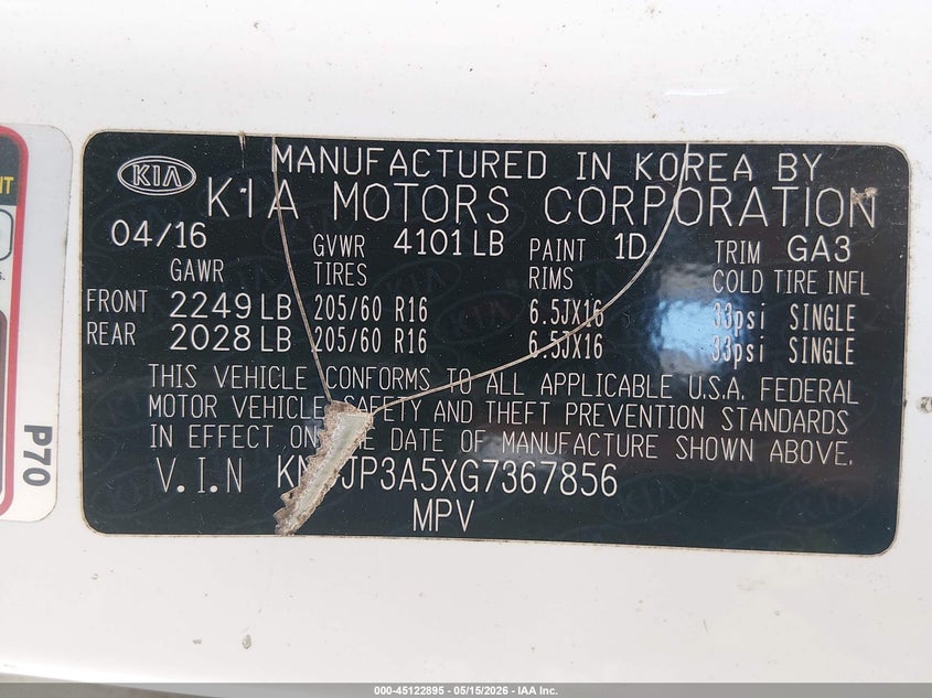 2016 Kia Soul VIN KNDJP3A5XG7367856 IAAI salvage auction — NORMAL WEAR, Clear (Montana), sold $975 on 2026-07-16 (photo 9)