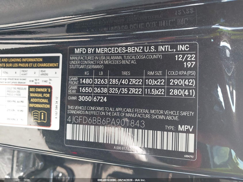2023 Mercedes-benz Amg gle coupe VIN 4JGFD6BB6PA901843 IAAI salvage auction — FRONT & REAR, Original (Texas), sold $36,700 on 2026-07-20 (photo 9)