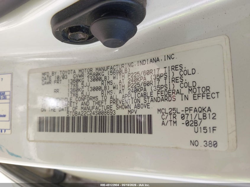 2004 Toyota Sienna VIN 5TDBA22C24S008693 IAAI salvage auction — NORMAL WEAR, Clear (Virginia), sold $775 on 2026-07-21 (photo 9)
