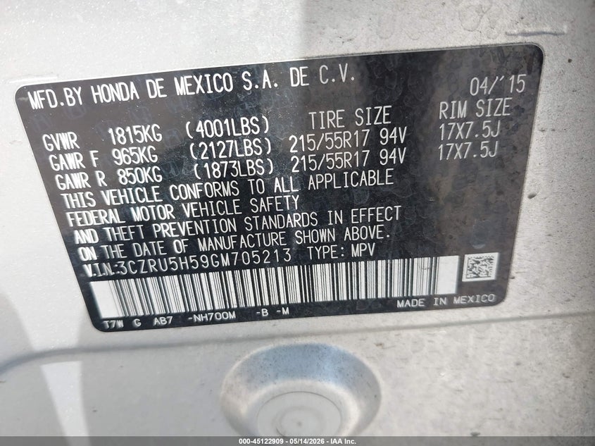 2016 Honda Hr-v VIN 3CZRU5H59GM705213 IAAI salvage auction — LEFT SIDE, Salvage (Texas), sold $2,550 on 2026-07-09 (photo 9)