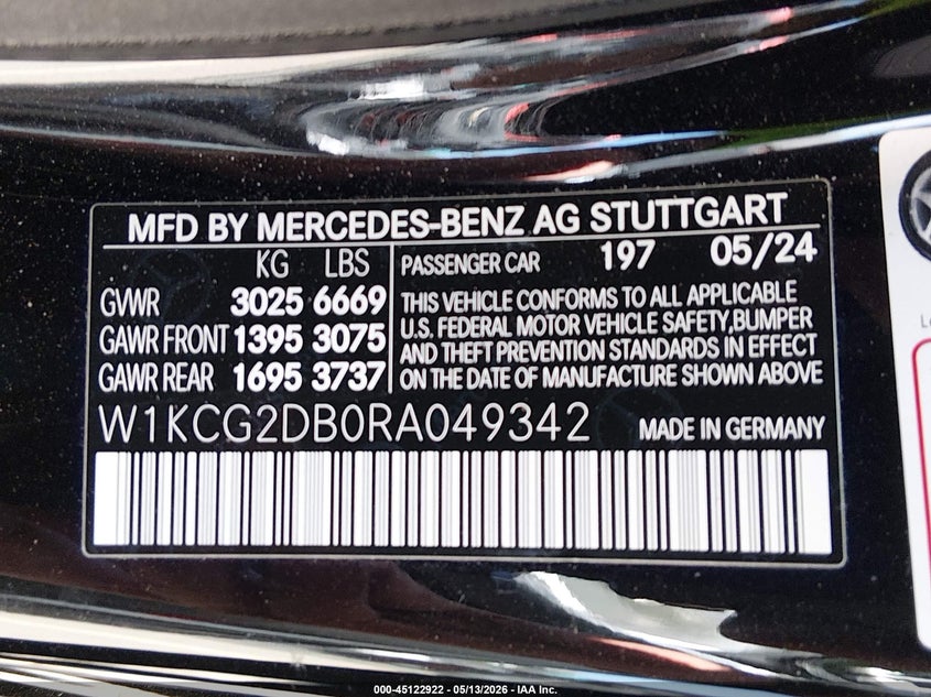 2024 Mercedes-benz VIN W1KCG2DB0RA049342 IAAI salvage auction — FRONT END, Salvage (California), sold $13,300 on 2026-07-06 (photo 9)