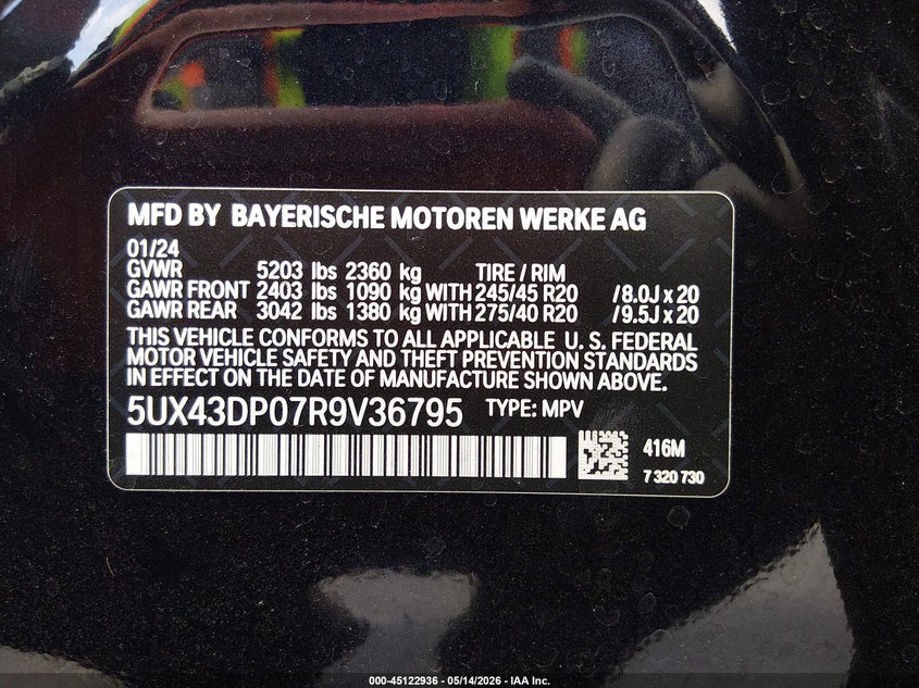 2024 BMW X3 VIN 5UX43DP07R9V36795 IAAI salvage auction — FRONT END, Rebuildable (Florida), sold $7,550 on 2026-07-09 (photo 9)