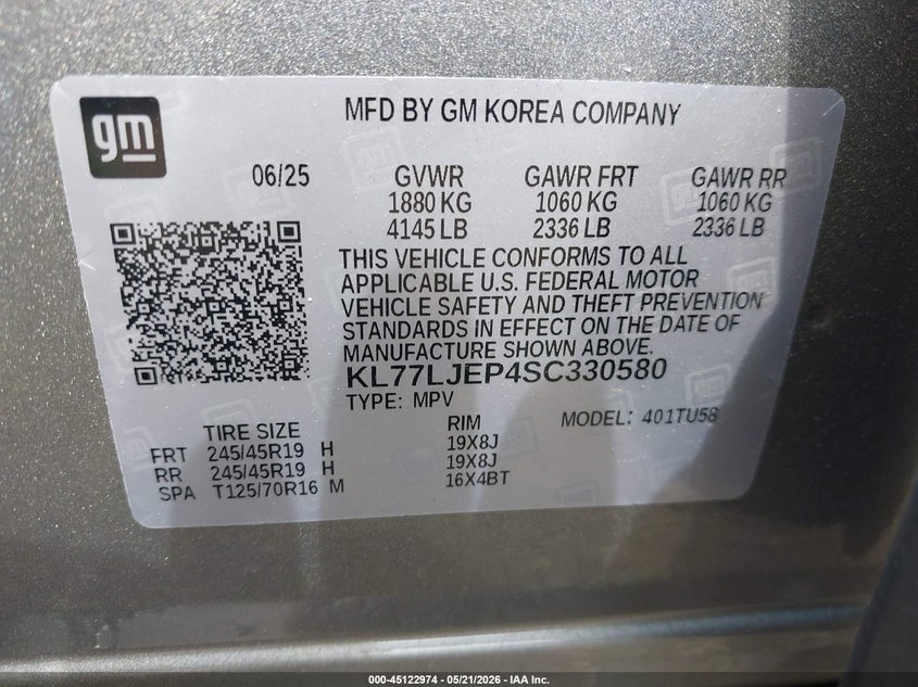 2025 Chevrolet Trax VIN KL77LJEP4SC330580 IAAI salvage auction — RIGHT SIDE, Salvage - Greater Than 75% (Maryland), sold $5,100 on 2026-07-22 (photo 9)