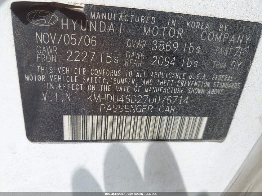 2007 Hyundai Elantra VIN KMHDU46D27U076714 IAAI salvage auction — REAR END, Original (Texas), sold $400 on 2026-07-29 (photo 9)