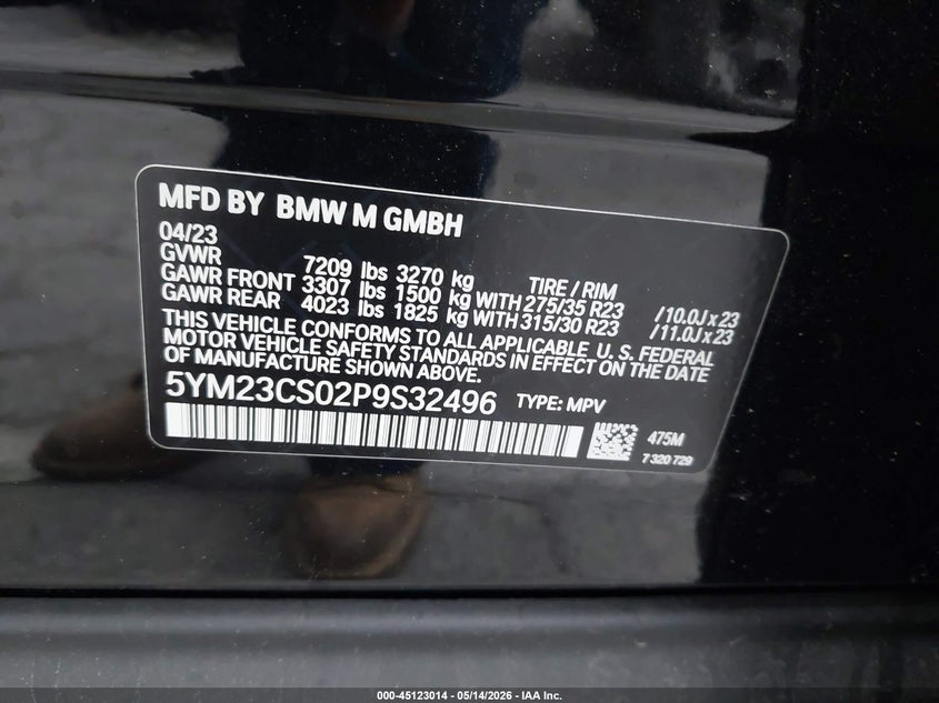 2023 BMW Xm VIN 5YM23CS02P9S32496 IAAI salvage auction — FRONT & REAR, Salvage (California), sold $59,750 on 2026-07-23 (photo 9)