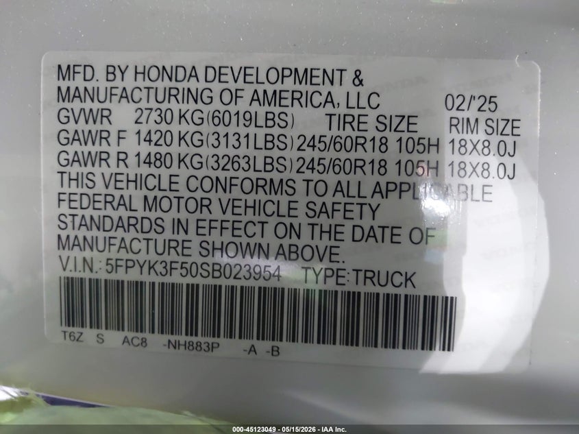 2025 Honda Ridgeline VIN 5FPYK3F50SB023954 IAAI salvage auction — SIDE, Salvage (North Carolina), sold $10,400 on 2026-07-31 (photo 9)