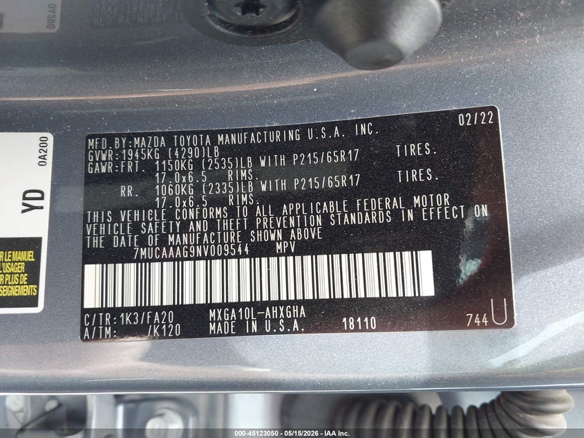 2022 Toyota Corolla cross VIN 7MUCAAAG9NV009544 IAAI salvage auction — FRONT END, Original (Texas), sold $5,200 on 2026-07-28 (photo 9)