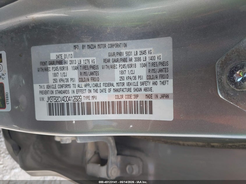 2013 Mazda Cx-9 VIN JM3TB2CV4D0412929 IAAI salvage auction — HAIL, Clear (Missouri), sold $275 on 2026-07-13 (photo 9)