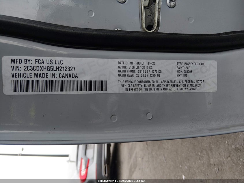 2020 Dodge Charger VIN 2C3CDXHG5LH212327 IAAI salvage auction — REAR END, Salvage Certificate (California), sold $2,450 on 2026-08-02 (photo 9)