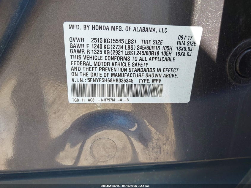 2017 Honda Pilot VIN 5FNYF5H68HB036345 IAAI salvage auction — LEFT SIDE, Original (Texas), sold $4,550 on 2026-07-09 (photo 9)