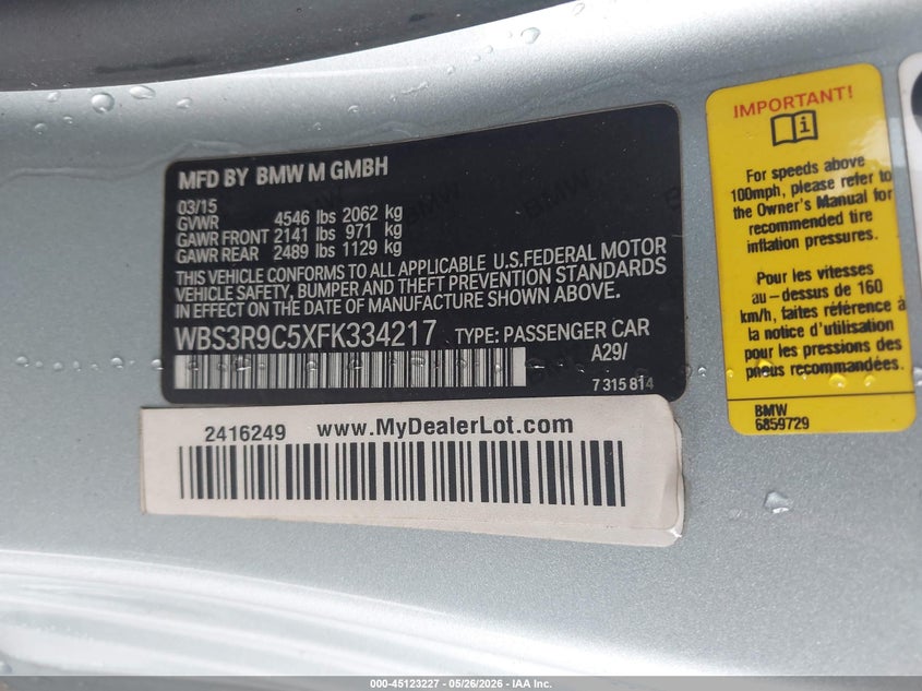 2015 BMW M4 VIN WBS3R9C5XFK334217 IAAI salvage auction — FRONT END, Salvage Title, sold $8,625 on 2026-07-20 (photo 9)