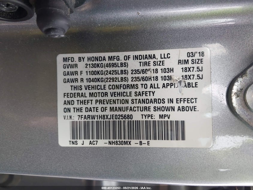 2018 Honda Cr-v VIN 7FARW1H8XJE025680 IAAI salvage auction — SIDE, Salvage (Massachusetts), sold $5,600 on 2026-07-25 (photo 9)