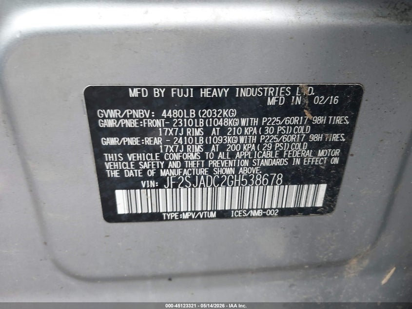 2016 Subaru Forester VIN JF2SJADC2GH538678 IAAI salvage auction — FRONT END, Mv-907A (New York), sold $450 on 2026-07-15 (photo 9)