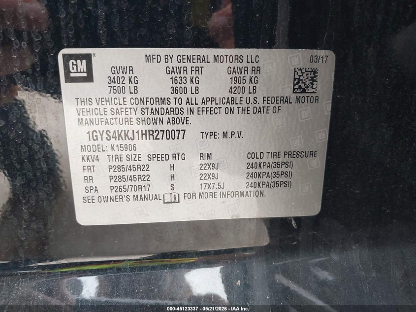 2017 Cadillac VIN 1GYS4KKJ1HR270077 IAAI salvage auction — HAIL, Clear (Missouri), sold $8,550 on 2026-08-03 (photo 9)