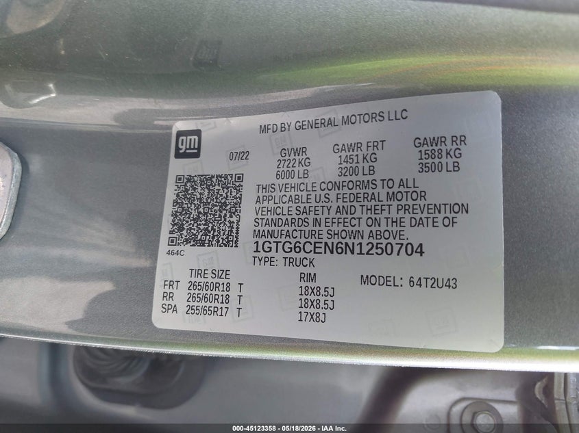 2022 Gmc Canyon VIN 1GTG6CEN6N1250704 IAAI salvage auction — FRONT END, Mv-907A (New York), sold $4,600 on 2026-07-25 (photo 9)