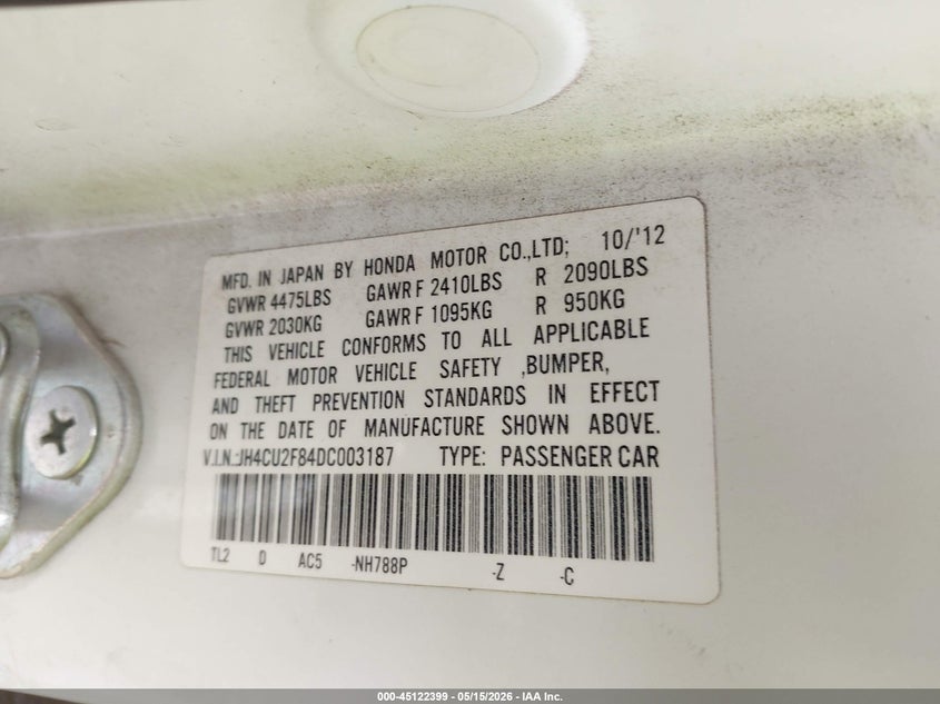2013 Acura Tsx VIN JH4CU2F84DC003187 IAAI salvage auction — LEFT SIDE, Bill Of Sale (Washington), sold $1,950 on 2026-07-07 (photo 9)