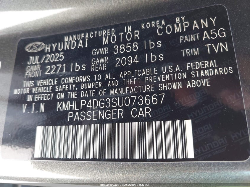 2025 Hyundai Elantra VIN KMHLP4DG3SU073667 IAAI salvage auction — LEFT SIDE, Original (Texas), sold $6,700 on 2026-07-30 (photo 9)