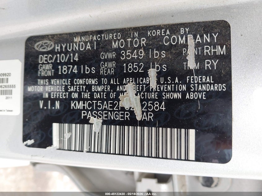 2015 Hyundai Accent VIN KMHCT5AE2FU212584 IAAI salvage auction — FRONT END, Clear (Oklahoma), sold $225 on 2026-07-28 (photo 9)