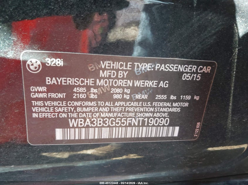 2015 BMW 3er VIN WBA3B3G55FNT19090 IAAI salvage auction — LEFT FRONT, Salvage (Illinois), sold $3,400 on 2026-07-08 (photo 9)