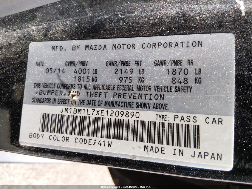 2014 Mazda 3 VIN JM1BM1L7XE1209890 IAAI salvage auction — LEFT FRONT, Clear (Tennessee), sold $25 on 2026-07-31 (photo 9)
