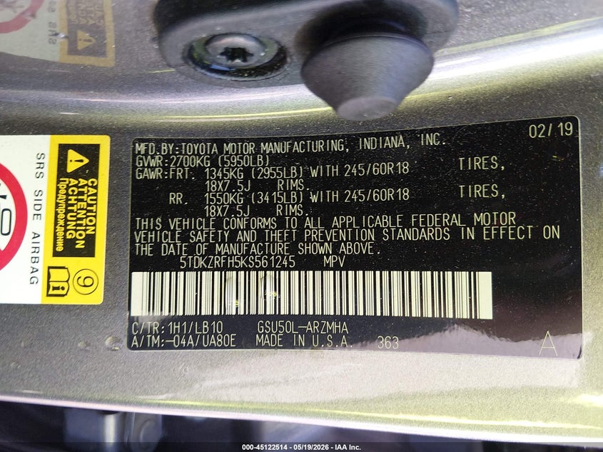 2019 Toyota Highlander VIN 5TDKZRFH5KS561245 IAAI salvage auction — LEFT SIDE, Salvage (South Carolina), sold $8,700 on 2026-07-29 (photo 9)