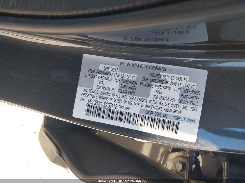 2018 Mazda Cx-9 VIN JM3TCBCY1J0205112 IAAI salvage auction — FRONT END, Salvage (Georgia), sold $4,150 on 2026-07-14 (photo 9)