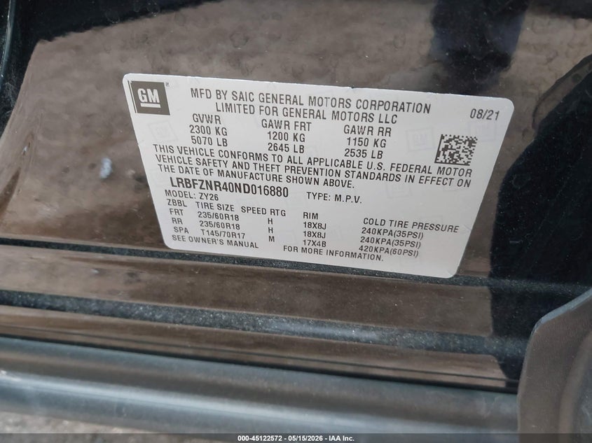 2022 Buick Envision VIN LRBFZNR40ND016880 IAAI salvage auction — Unknown, Clear (Michigan), sold $6,900 on 2026-05-31 (photo 9)