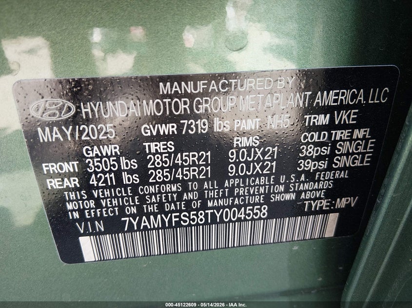 2026 Hyundai Ioniq 9 VIN 7YAMYFS58TY004558 IAAI salvage auction — FRONT END, Salvage Title, sold $12,250 on 2026-08-27 (photo 9)