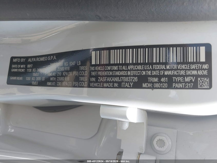 2018 Alfa romeo Stelvio VIN ZASFAKAN8J7B83726 IAAI salvage auction — FRONT END, Mv-907A (New York), sold $25 on 2026-07-30 (photo 9)