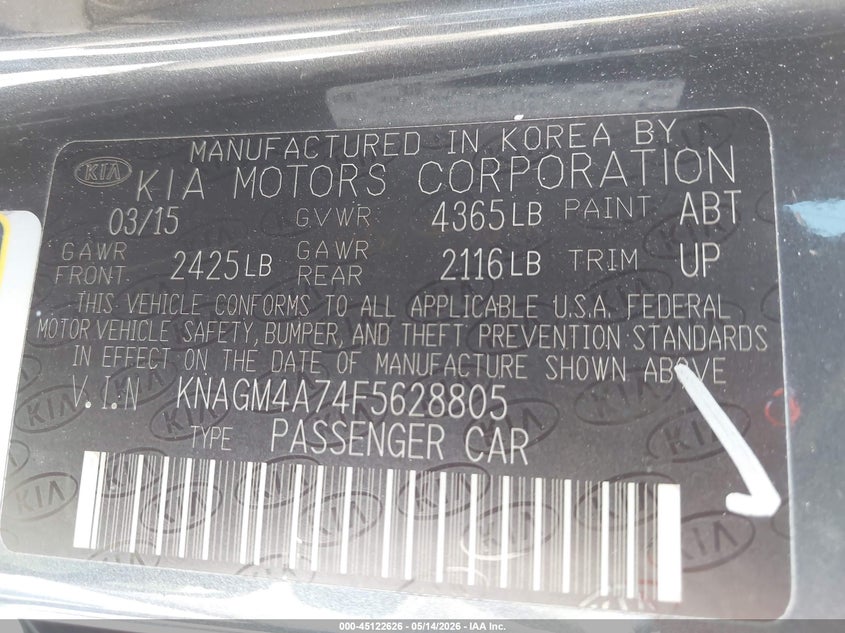2015 Kia Optima VIN KNAGM4A74F5628805 IAAI salvage auction — FRONT END, Original (Texas), sold $900 on 2026-07-13 (photo 9)