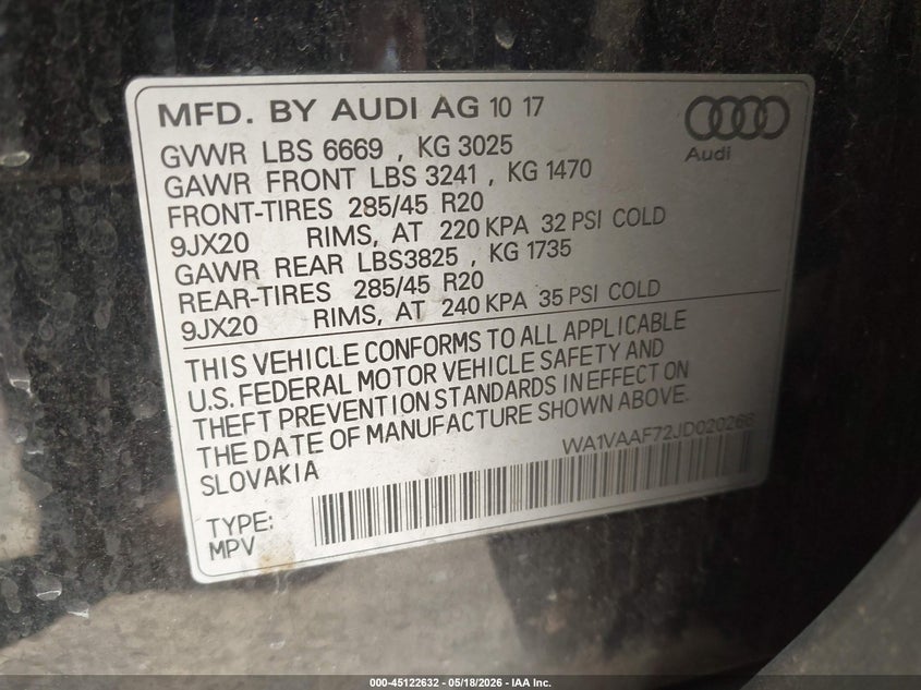 2018 Audi Q7 VIN WA1VAAF72JD020266 IAAI salvage auction — FRONT END, Salvage (Kentucky), sold $6,250 on 2026-07-09 (photo 9)
