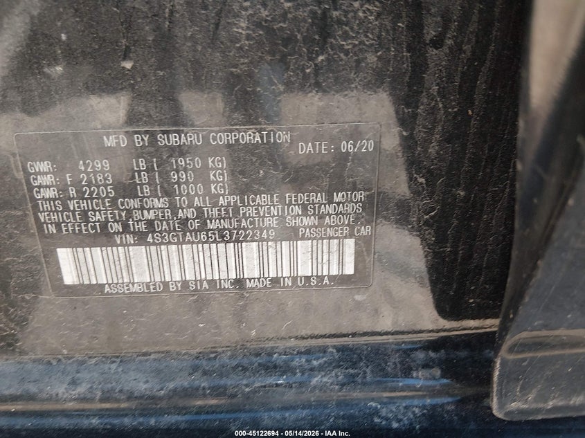 2020 Subaru Impreza VIN 4S3GTAU65L3722349 IAAI salvage auction — FRONT END, Salvage (Wisconsin), sold $1,250 on 2026-07-09 (photo 9)