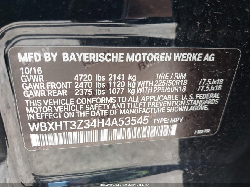 2017 BMW X1 VIN WBXHT3Z34H4A53545 IAAI salvage auction — FRONT END, Salvage - Greater Than 75% (Maryland), sold $575 on 2026-07-21 (photo 9)
