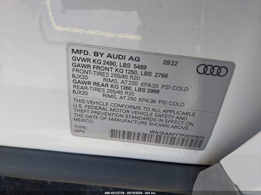 2023 Audi Q5 VIN WA1EAAFY7P2031874 IAAI salvage auction — RIGHT FRONT, Rebuildable (Florida), sold $17,500 on 2026-08-02 (photo 9)