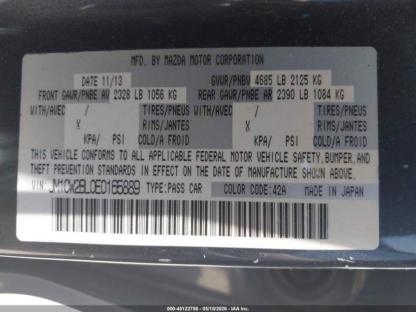 2014 Mazda 5 VIN JM1CW2BL0E0165889 IAAI salvage auction — FRONT END, Salvage (Texas), sold $100 on 2026-07-07 (photo 9)
