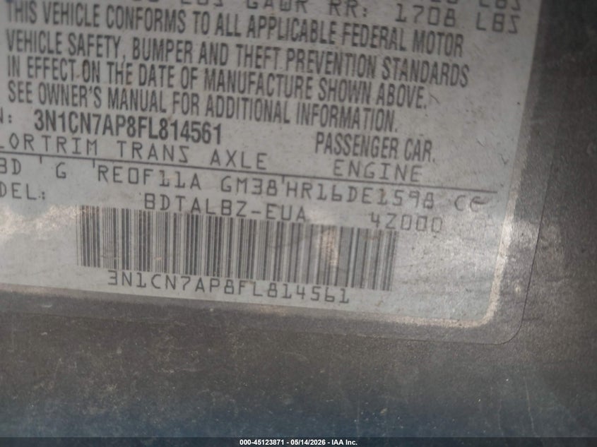 2015 Nissan Versa VIN 3N1CN7AP8FL814561 IAAI salvage auction — Normal Wear, Clear (Arizona), sold $1,250 on 2026-06-18 (photo 9)