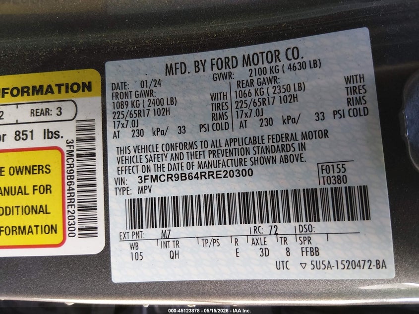 2024 Ford Bronco sport VIN 3FMCR9B64RRE20300 IAAI salvage auction — LEFT FRONT, Salvage (Nevada), sold $7,500 on 2026-08-21 (photo 9)