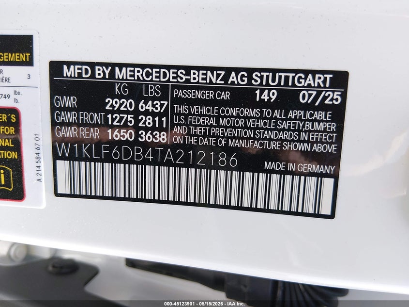 2026 Mercedes-benz VIN W1KLF6DB4TA212186 IAAI salvage auction — FRONT END, Original (Texas), sold $43,750 on 2026-07-30 (photo 9)