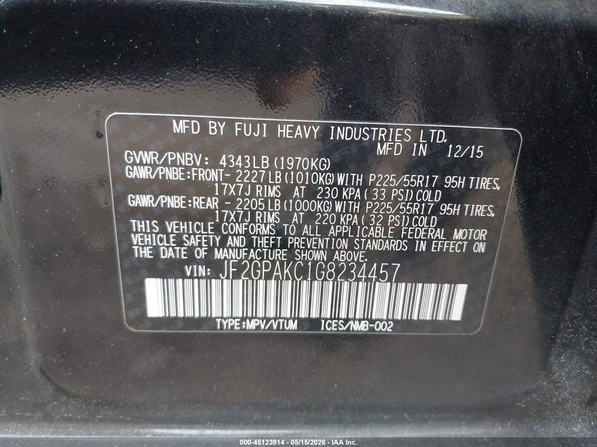 2016 Subaru Xv VIN JF2GPAKC1G8234457 IAAI salvage auction — FRONT END, Salvage (Idaho), sold $1,675 on 2026-07-15 (photo 9)