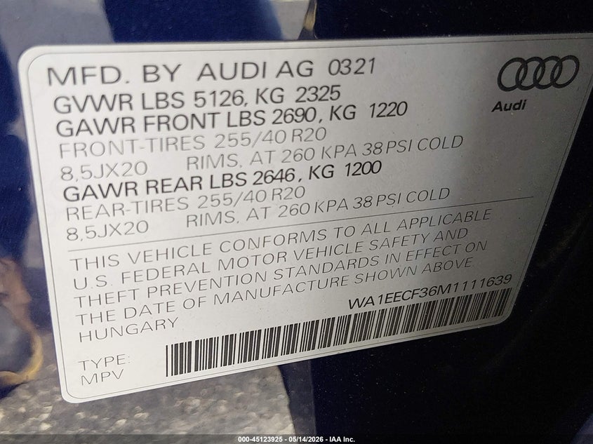 2021 Audi Q3 VIN WA1EECF36M1111639 IAAI salvage auction — RIGHT REAR, Rebuildable (Florida), sold $12,050 on 2026-07-09 (photo 9)